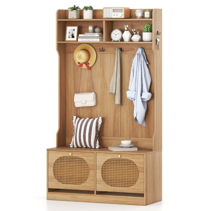 4-In-1 Hall Tree with Coat Rack and Flip Drawers-Natural