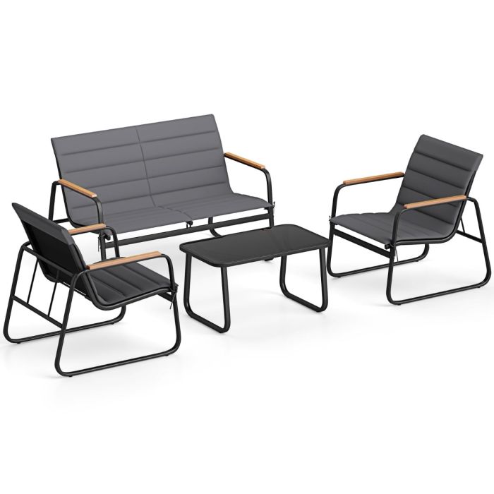 4 Pieces Outdoor Furniture Set with Cushions and Tempered Glass Table-Grey