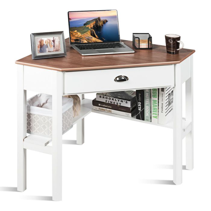 Corner Table / Computer Desk with Drawer and Shelves - Natural