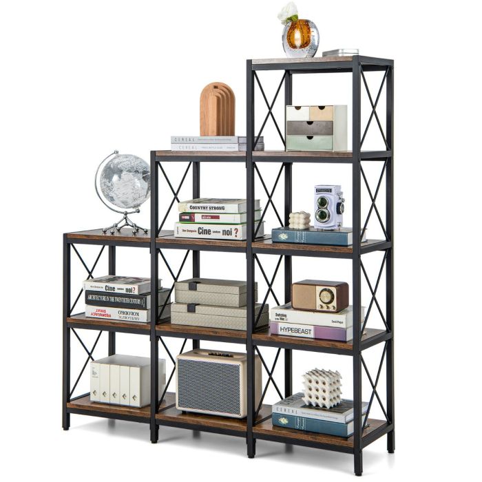 5-Tier Bookshelf with Carbon Steel Frame and Anti-Tipping Kits-Rustic Brown
