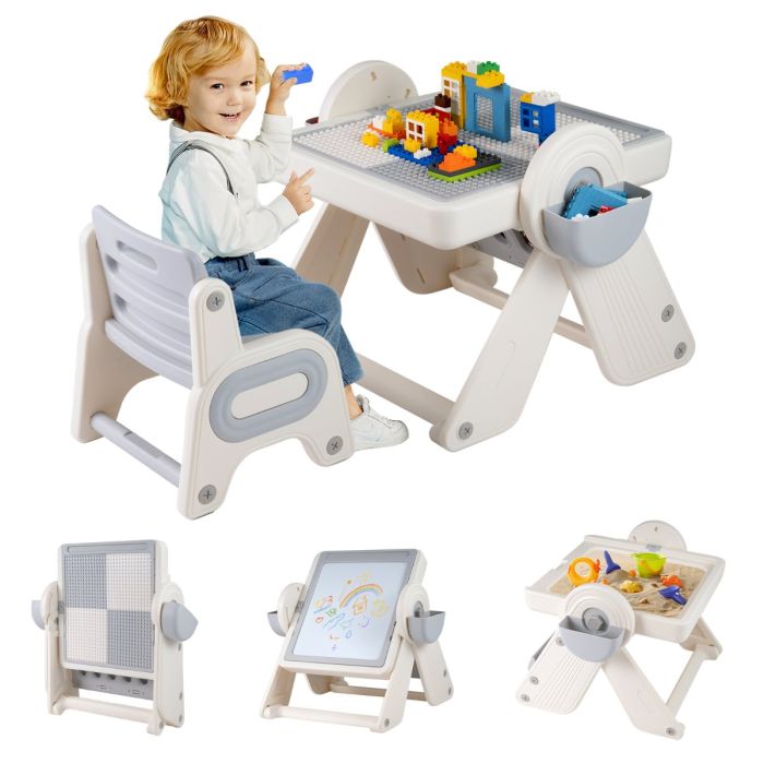 ZLORA 6-in-1 Multi-activity Children Table & Chair Folding Art Easel Set-Grey