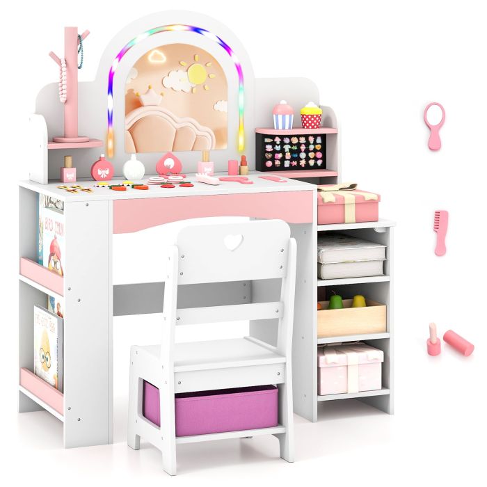 YZEN Kids Vanity Desk with Mirror and Open Storage Shelves-White
