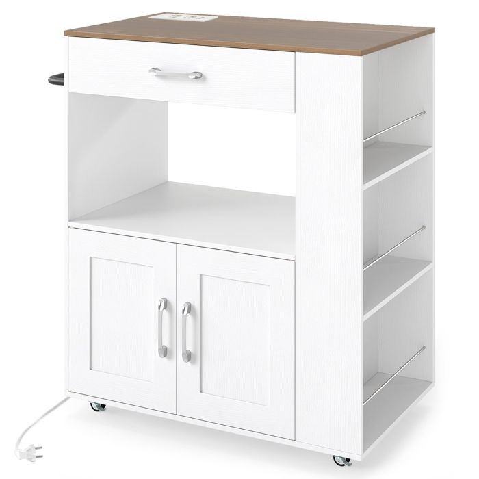 Kitchen Island with Charging Station & Wheels-Natural & White