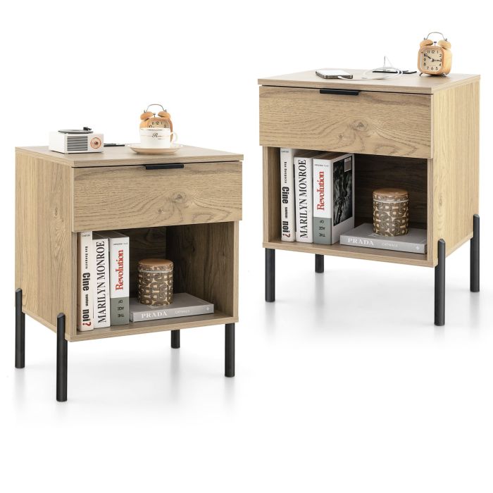 Set of 2 Bedside Tables with Charging Station-Natural
