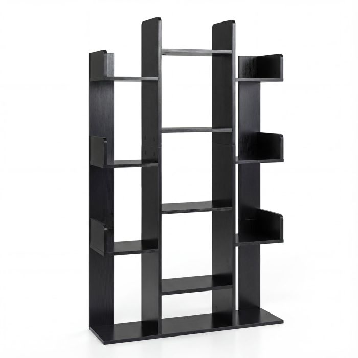 Tree Bookshelf Corner Books Storage Organizer with 13 Open Shelves-Black