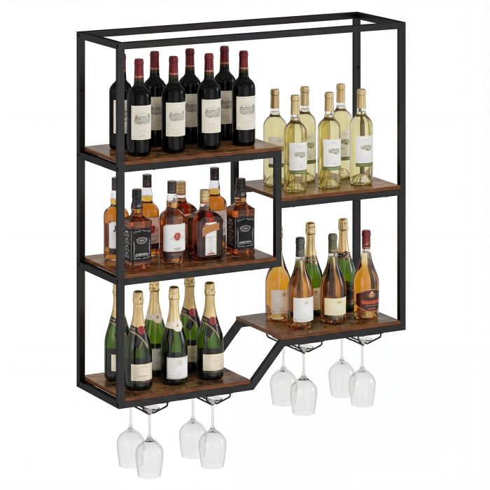 Wall Mounted Wine Rack 5-Tier with Glass Holders-Rustic Brown