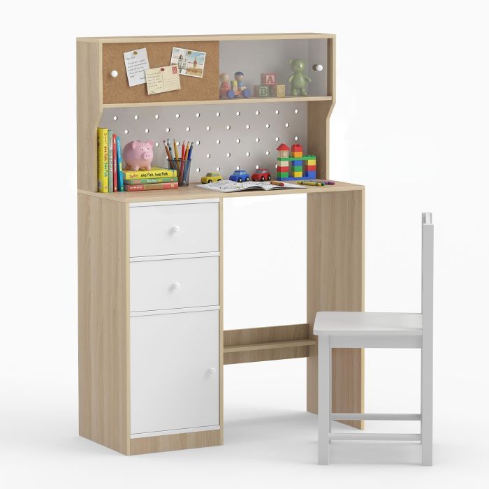 ZRIX Wooden Kids Study Desk and Chair Set with 2 Cabinets and Drawers-Natural