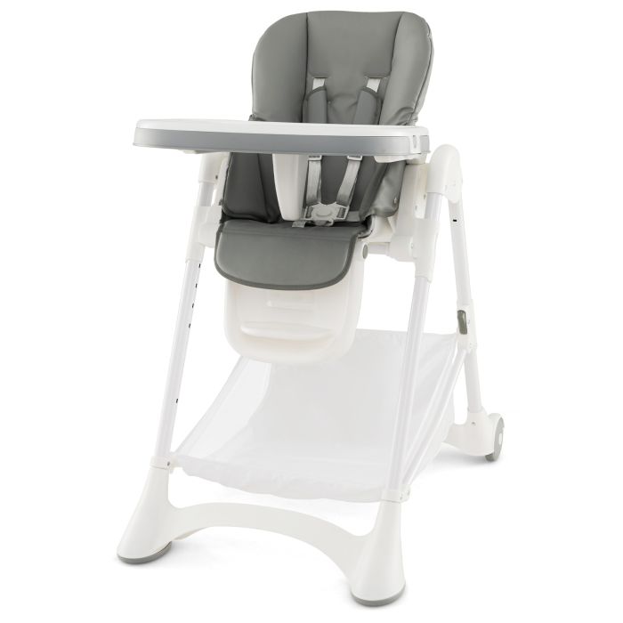 Baby High Chair with Detachable PU Cushion and Lockable Wheels - Grey
