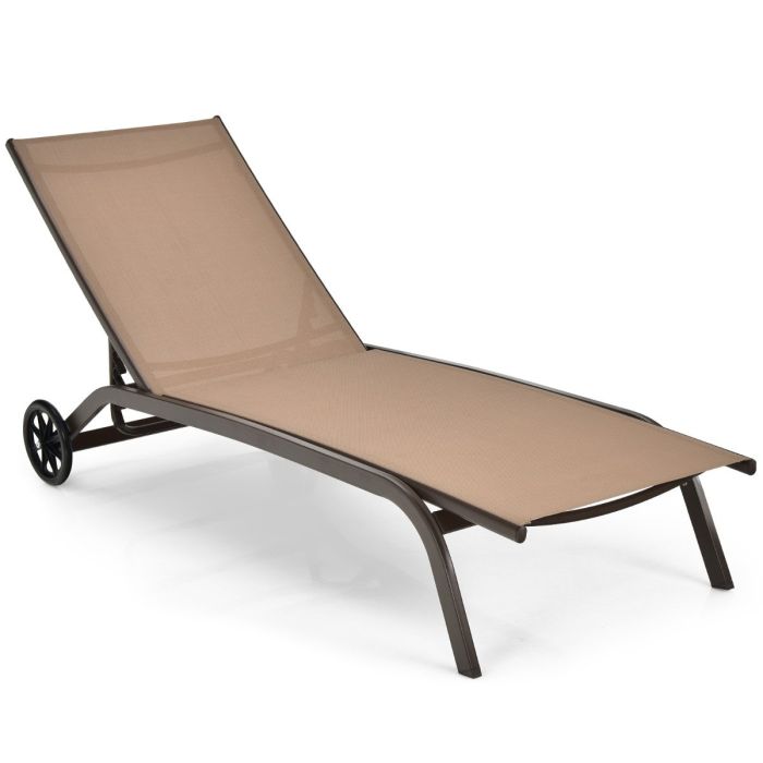 Adjustable Chaise Lounge with Smooth Wheels and Quick-drying Fabric-Coffee