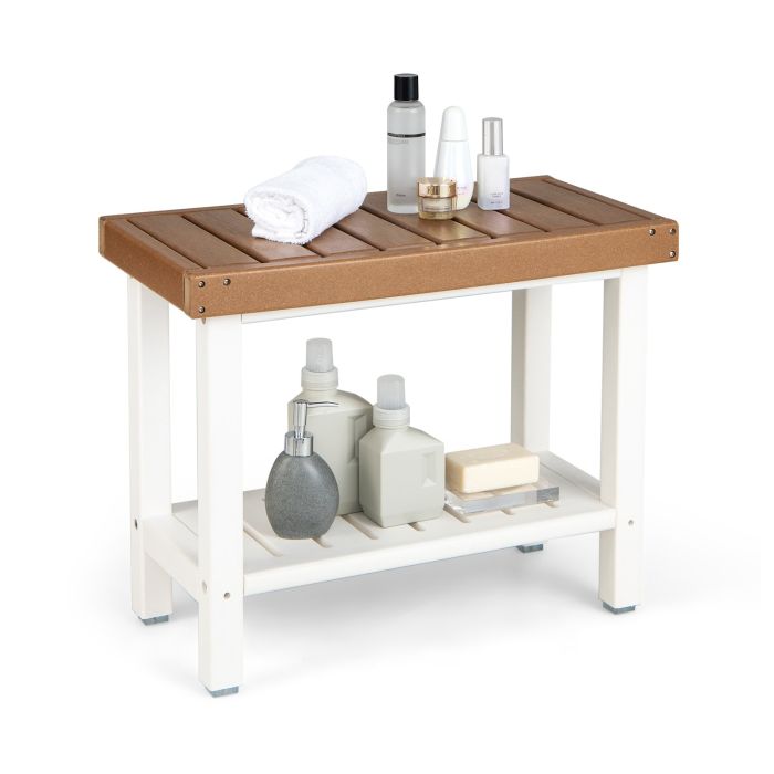 Shower Stool - 2-Tier Waterproof HDPE Bathroom Shower Stool with Storage Shelf-Brown