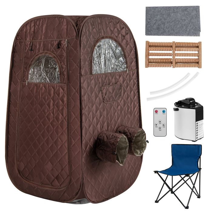 LUMARELLE Portable Steam Sauna Tent with 1000W 3L Generator and Chair-Brown