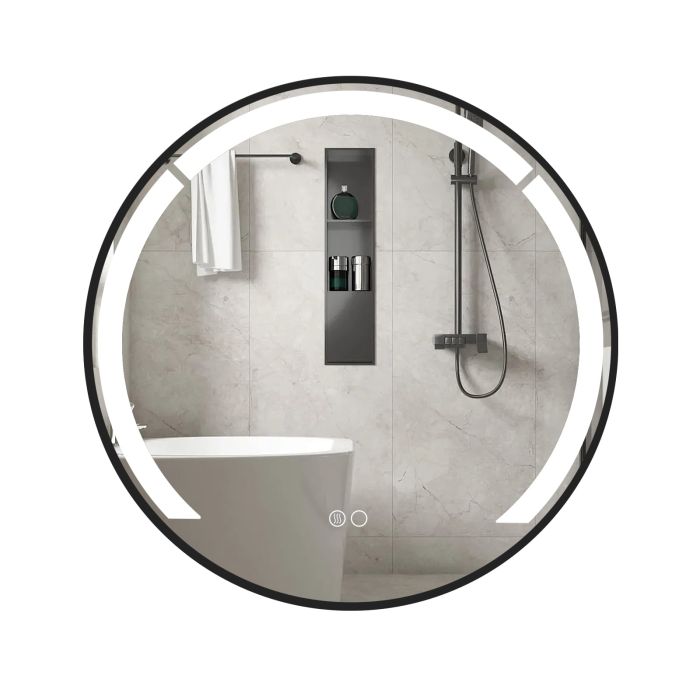 60cm Round LED Bathroom Mirror with 3 Light Colors-Black
