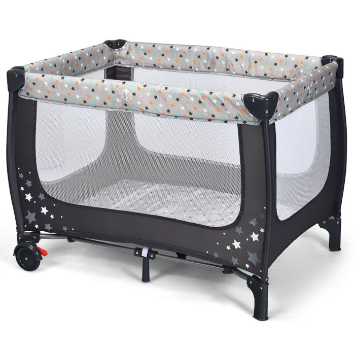Baby Playpen - 2-in-1 Foldable Baby Playpen with Lockable Wheels and Mattress-Grey