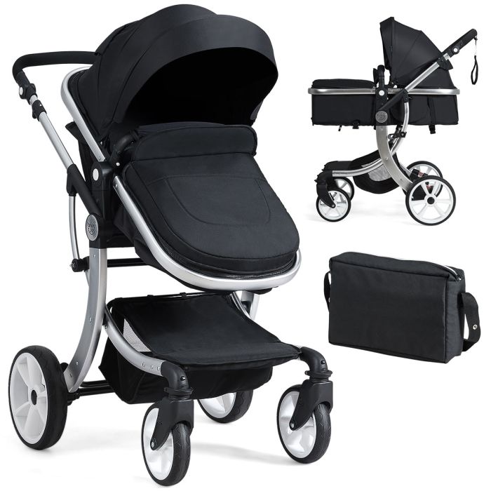 Foldable 2-in-1 Baby Stroller with Rain Cover and Mosquito Net - Black