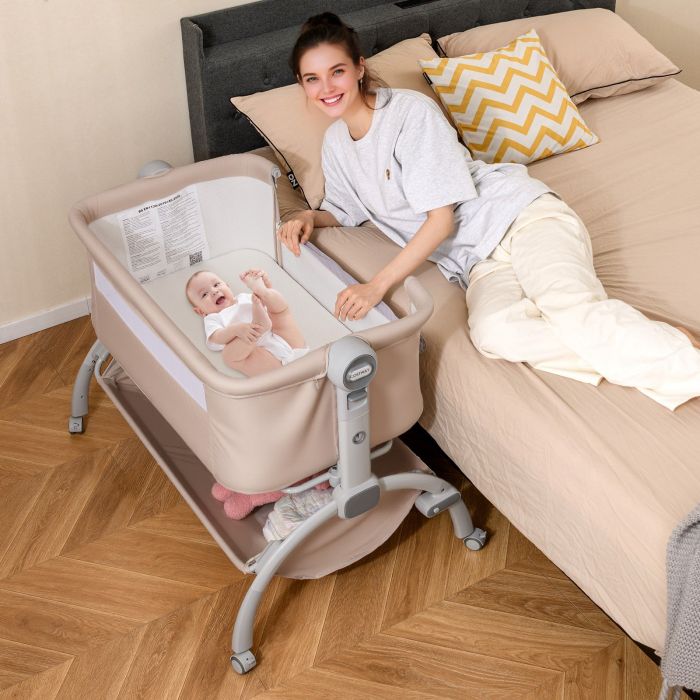 LUMISTRA Baby Bassinet Bedside Sleeper with 7-Height Adjustment for Newborns-Beige