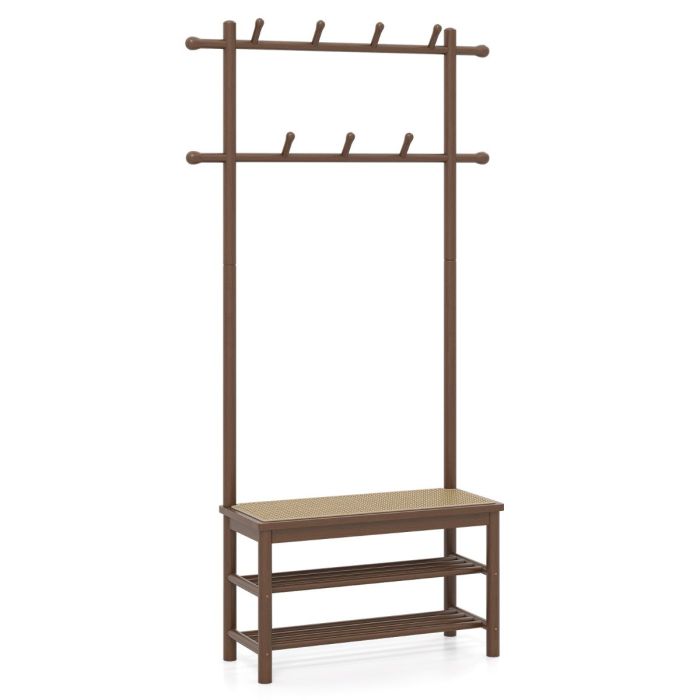 FENLORN Bamboo Coat Rack PE Rattan Hall Tree with Bench and Shoe Storage-Brown