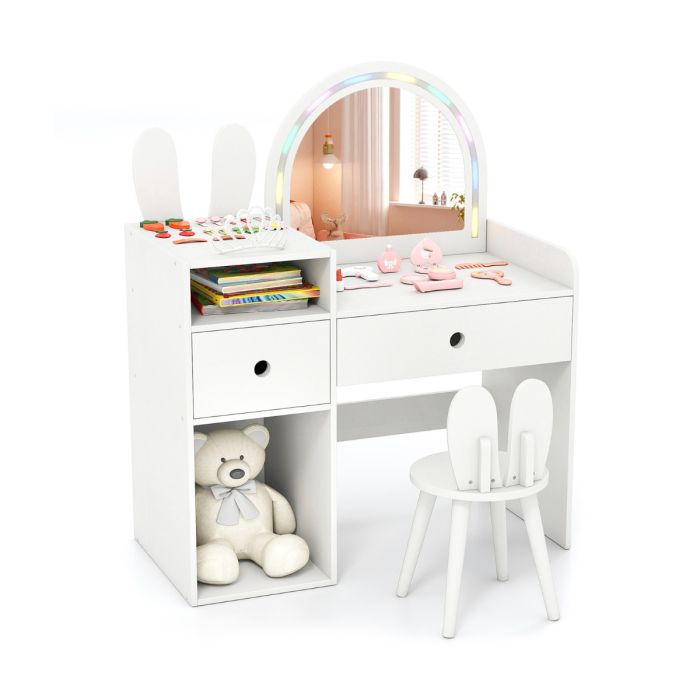GIREL Bunny Kids Vanity Table and Chair Set with Lighted Mirror-White
