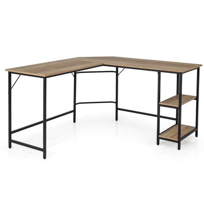 Computer Desk - LShaped Computer Desk with 2tier Shelves for Home Office Bedroom Natural 138cm