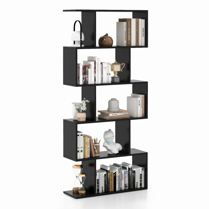 Bookcase - Geometric S-Shaped Bookcase with Anti-Toppling Device for Living Room Home Office-Black