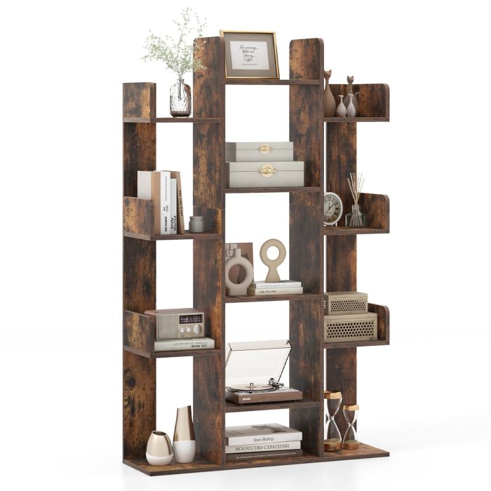 Bookcase - Tree Bookshelf Corner Books Storage Organizer with 13 Open Shelves-Rustic Brown
