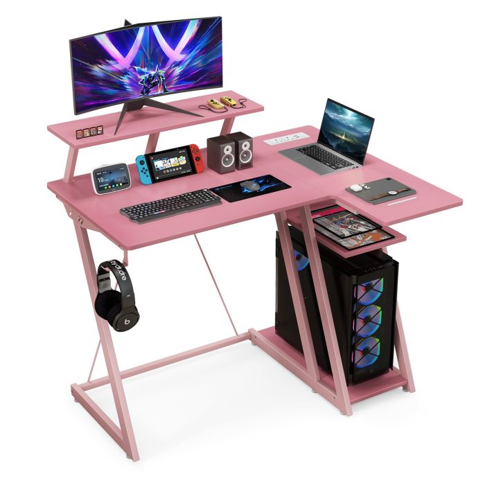 Computer Desk - LShaped Gaming Desk with Outlets USB Ports and Monitor Shelf Pink 107cm