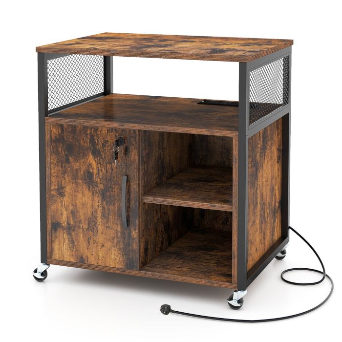 File Cabinet - File Cabinet on Wheels with Charging Station and Cable Management Hole-Coffee