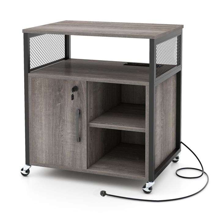 File Cabinet - File Cabinet on Wheels with Charging Station and Cable Management Hole-Grey