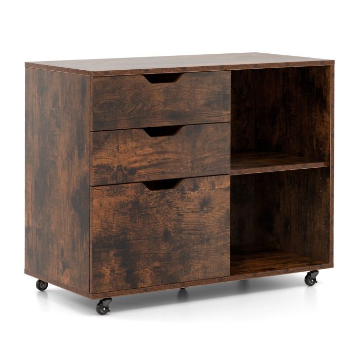 File Cabinet - Mobile File Cabinet with 3 Pull-out Drawers and Adjustable Shelf-Rustic Brown