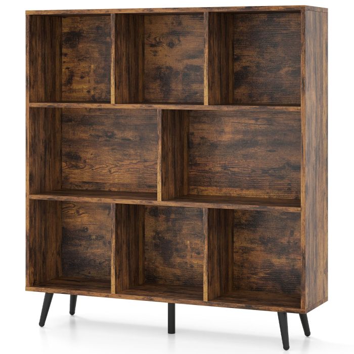 FIORLAN 8-Cube Mid Century Modern Bookcase with 5 Tapered Metal Legs-Coffee