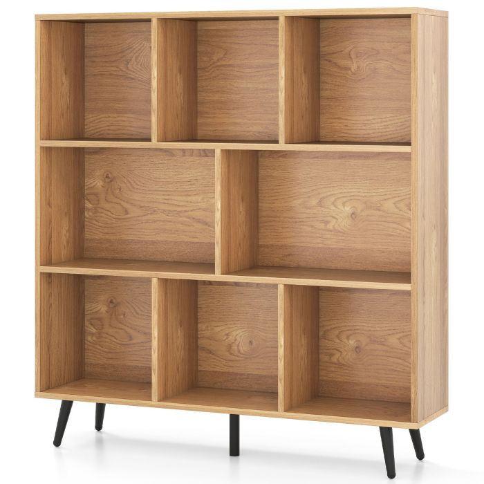 FIORLAN 8-Cube Mid Century Modern Bookcase with 5 Tapered Metal Legs-Natural