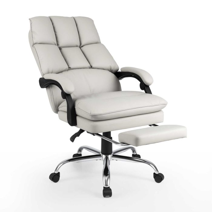 Soft Padded Office Chair Ergonomic Adjustable Reclining Computer Chair with Retractable Footrest-White