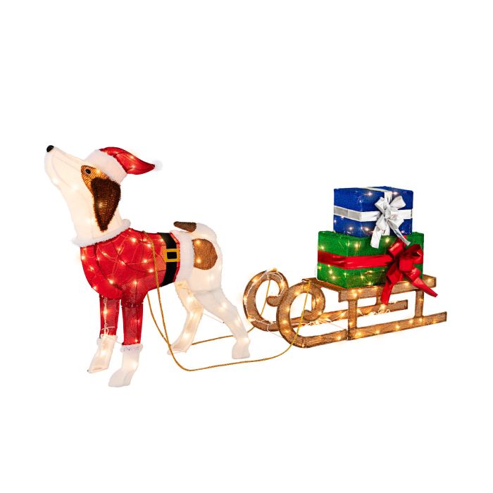 Pre-lit Christmas Dog Sleigh Gift Boxes Decoration