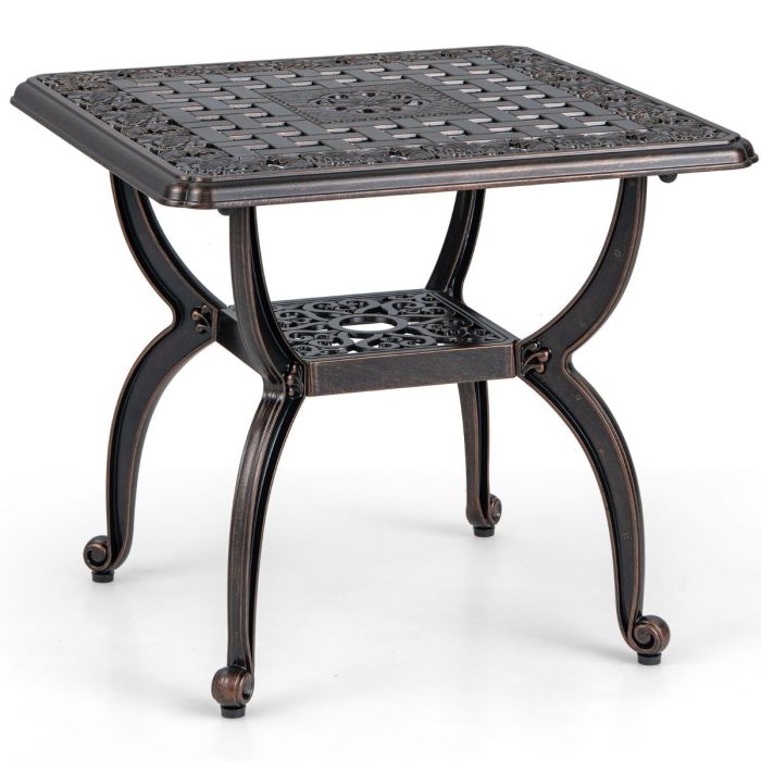 Garden Table - 53 cm Cast Aluminum Outdoor Side Table with Hollow-carved Floral Pattern for Garden Porch-Rustic Brown