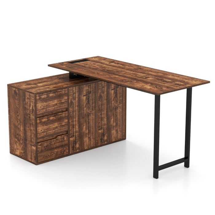 ANIN L-Shaped Desk with File Cabinet and Power Outlet-Black and Brown