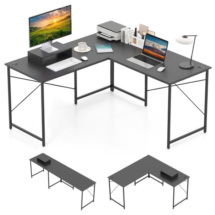 Reversible L-Shaped Desk with Power Strip-Grey