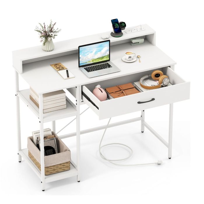 WELIX Computer Desk with Power Outlets and Top Shelf-White