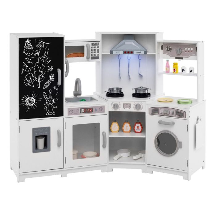 RAVELLON Corner Wooden Play Kitchen with Lights Sounds Toy Kitchen Playset-White