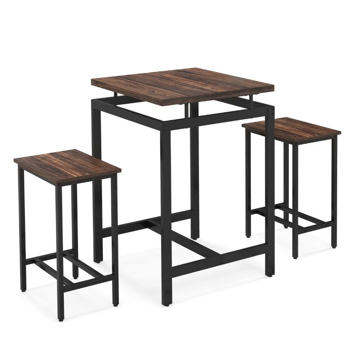 Dining Table Set - Counter Height Table and 2 Stools set with Floating Tabletop and Footrest for Small Space-Rustic Brown