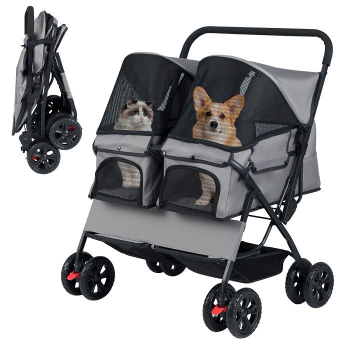 SAVIX Double Pet Stroller Foldable Twin Dog Walk Jogger with 2-seater Carrier-Grey