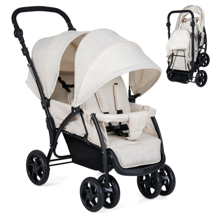 FROSTMORA Double Pushchair with Adjustable Backrest and Sunshade-Beige