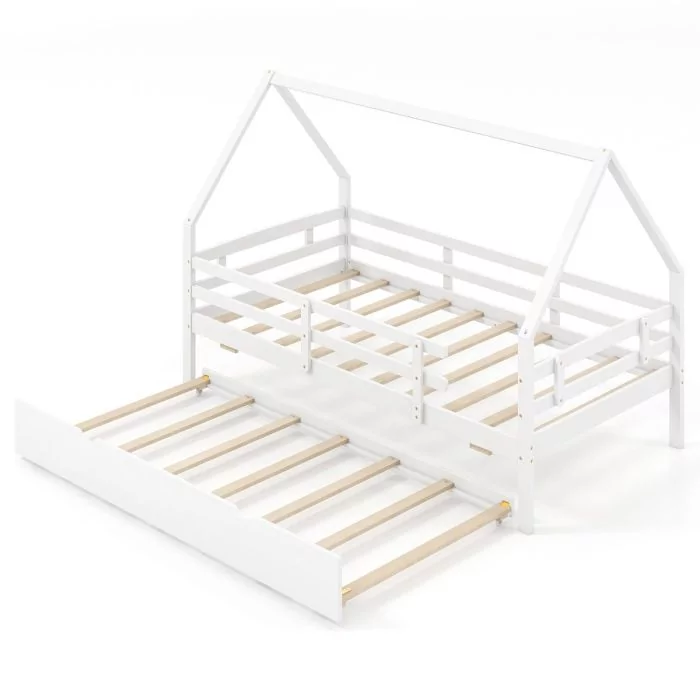 Single Bed - SEBRING 3ft Kid's Bed with Trundle and Full Length Safety Guardrails White
