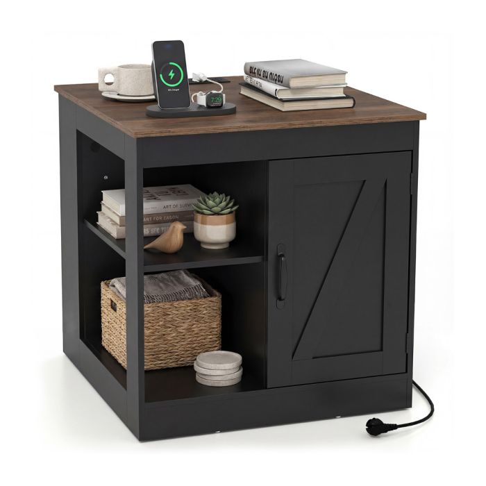 MAVOR Bedside Table with Charging Station & Shelf-Black