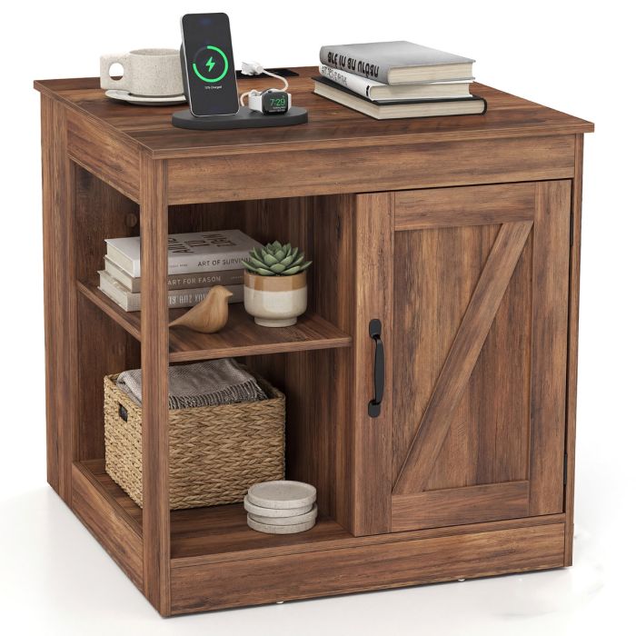 MAVOR Bedside Table with Charging Station & Shelf-Rustic Brown