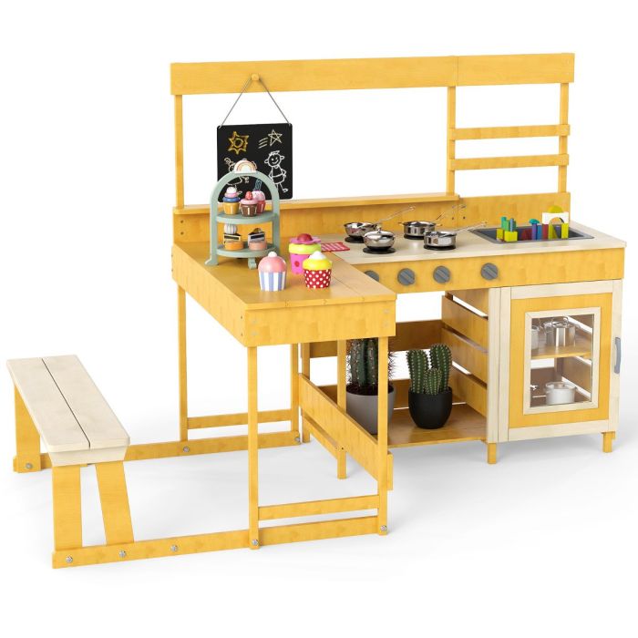 PENWYND Fir Wood Mud Kitchen with Kids Picnic Table Play Kitchen-Natural