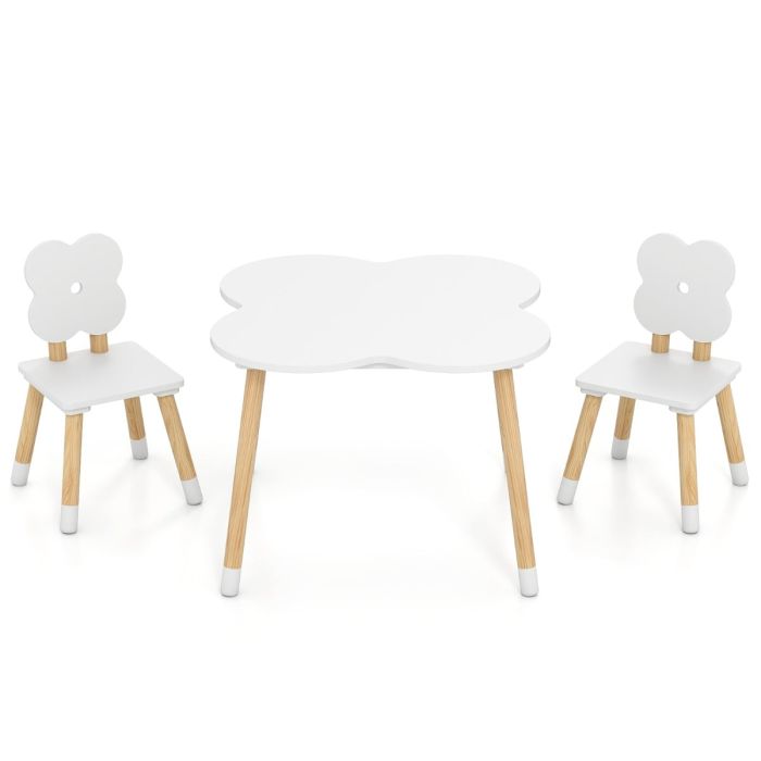 Flower-shaped Kids Table Set with 2 Child-sized Chairs and Wood Legs-White