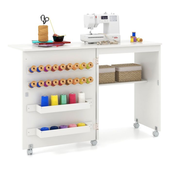 Multipurpose Table - Folding Sewing Table with Storage Shelf and 5 Lockable Wheels-White