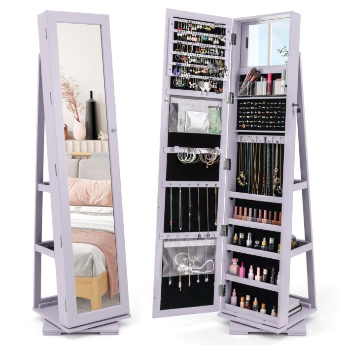 ONZEAL Full Length Mirrored Jewellery Cabinet Rotates 360° with Open Display Shelves-Purple