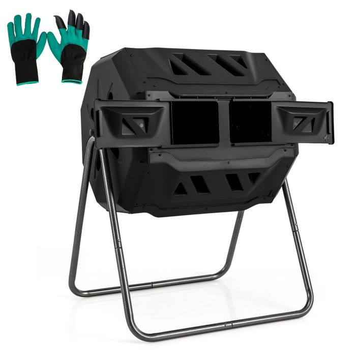 RAMY Compost Bin 160L Dual Chamber Composting Tumbler with Sliding Doors-Black