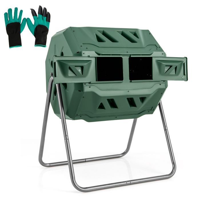 RAMY Compost Bin 160L Dual Chamber Composting Tumbler with Sliding Doors-Green