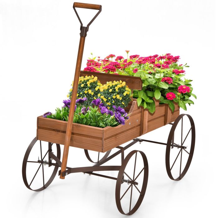 Plant Trolley - Wood Wagon Flower Planter with Wheels and 2 Planting Sections-Brown